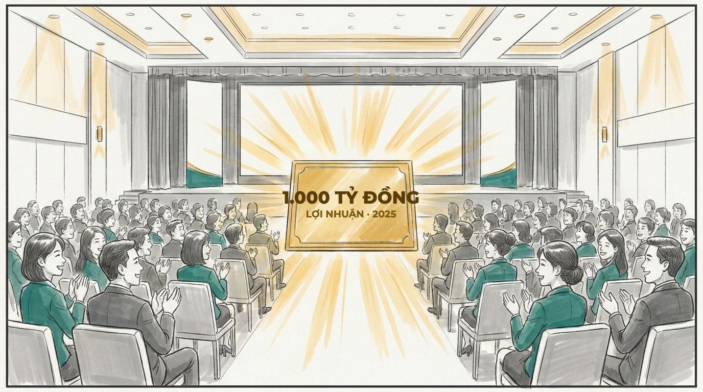 Hội nghị đông đủ cán bộ, trên màn hình lớn là mốc lợi nhuận 1.000 tỷ đồng năm 2025
