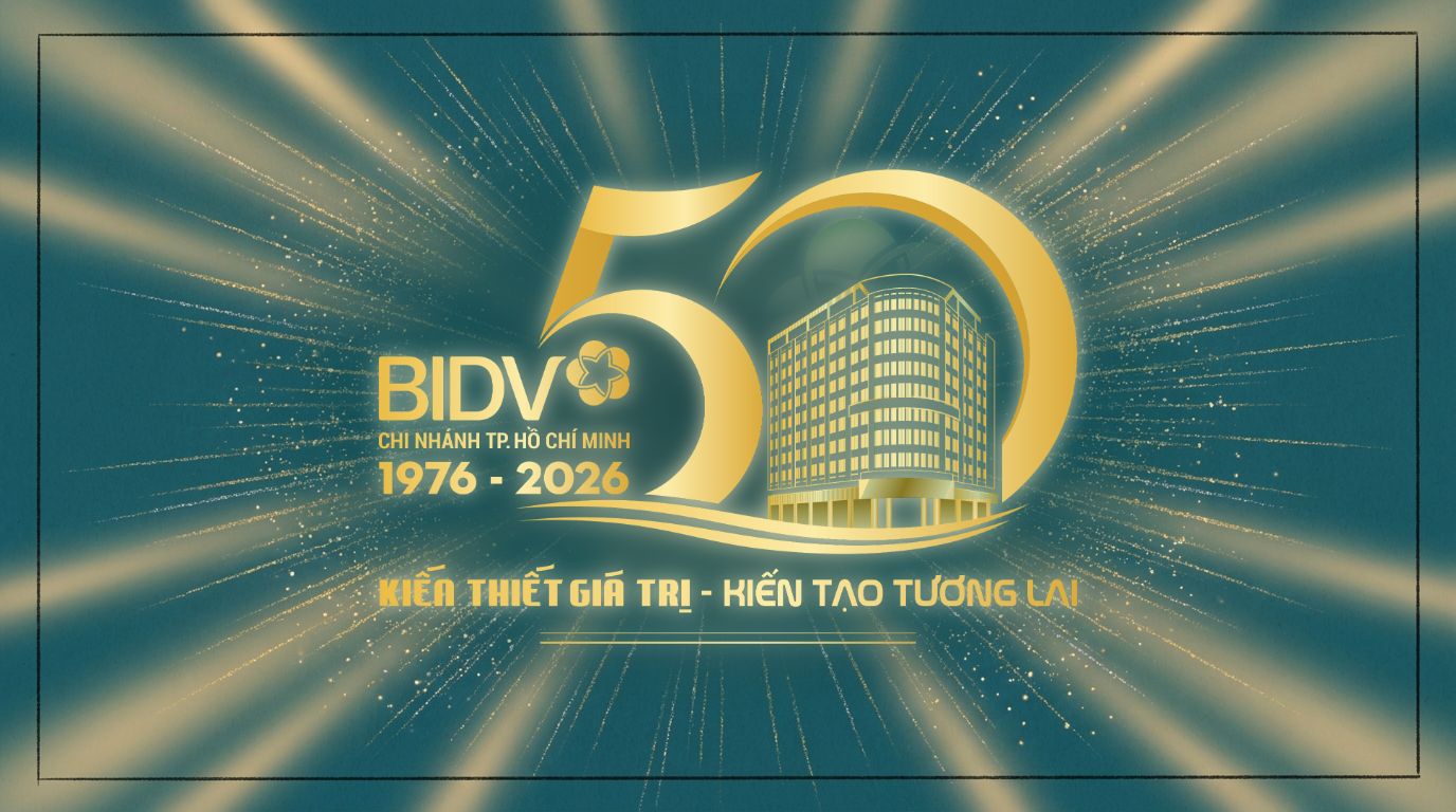 Biểu trưng 50 năm BIDV Chi nhánh Thành phố Hồ Chí Minh phát sáng trên nền xanh